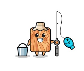 Mascot character of plank wood as a fisherman