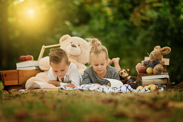 Each book is a world unto itself. Shot of a little boy and his sister out reading in the woods.