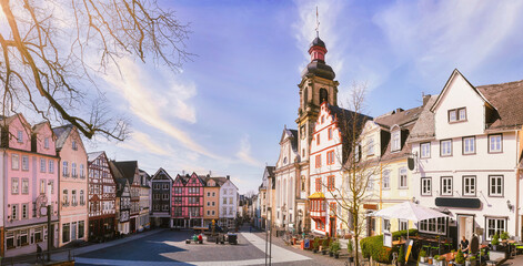 Panoramic view to the beautiful old town and church Maria Himmelfahrt in Hachenburg, Westerwald, Germany - obrazy, fototapety, plakaty