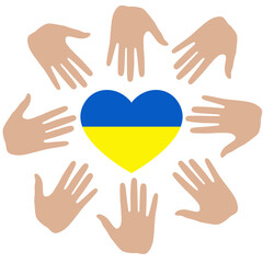 Fototapeta premium No war in Ukraine vector poster. Peace in Ukraine. People's hands support heart of Ukraine
