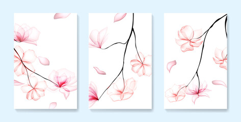 Art background with branches with flowers in pink tones. Botanical poster set for interior design, print, packaging, decor