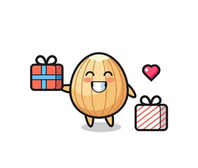 Naklejka premium almond mascot cartoon giving the gift