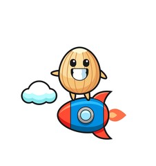 almond mascot character riding a rocket