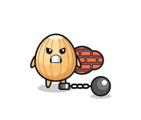 Character mascot of almond as a prisoner