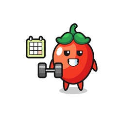 chili pepper mascot cartoon doing fitness with dumbbell