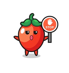 chili pepper character illustration holding a stop sign
