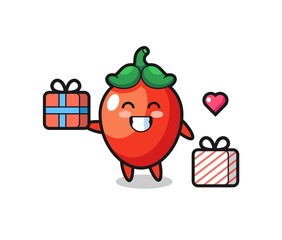 Naklejka premium chili pepper mascot cartoon giving the gift