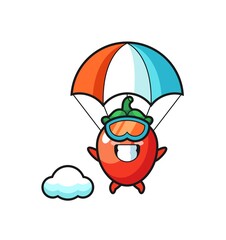 chili pepper mascot cartoon is skydiving with happy gesture