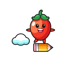 chili pepper mascot illustration riding on a giant pencil