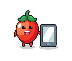 chili pepper illustration cartoon holding a smartphone