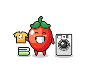 Mascot cartoon of chili pepper with washing machine