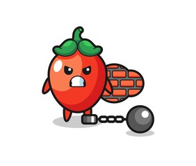 Character mascot of chili pepper as a prisoner