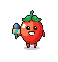 Character mascot of chili pepper as a news reporter