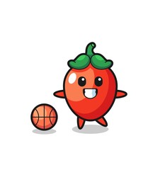 Illustration of chili pepper cartoon is playing basketball