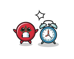 Cartoon Illustration of morocco flag is surprised with a giant alarm clock