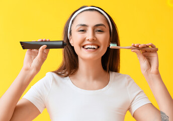 Beautiful young woman with activated charcoal tooth paste and brush on yellow background
