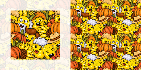 Autumn seamless doodle pattern of farming family enjoying their harvest | Pattern swatch included