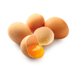 Natural chicken eggs on white background