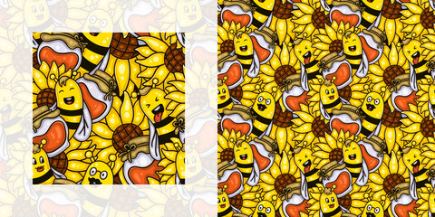 Autumn seamless doodle pattern of bees with sunflowers and honey pots | Pattern swatch included