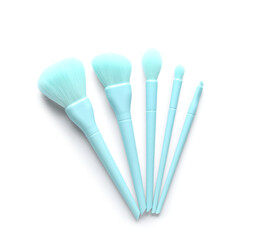 Set of blue makeup brushes isolated on white