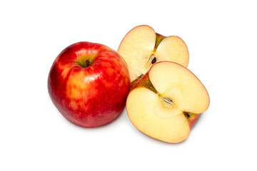 Whole ripe red apples and half cuts isolated on white background. Clipping path.