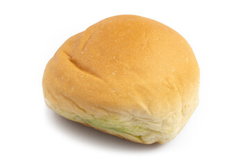 Close up of soft buns stuffed with sweet egg custard, Thai dessert custard bun isolated on white background. Clipping path.	
