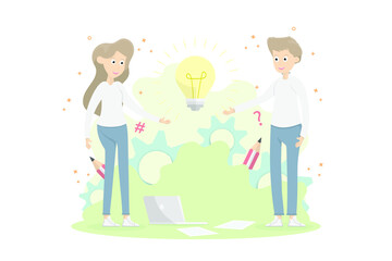Vector creative young people design, Young people think ideas innovation with light bulb.