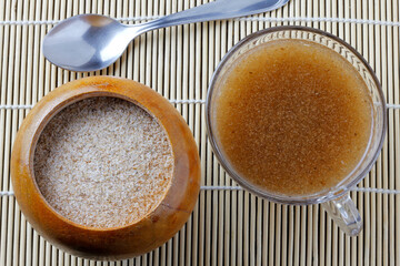 Psyllium husk fiber mixed with water in the glass cup forming gel