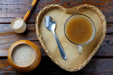 Psyllium husk fiber mixed with water in the glass cup forming gel