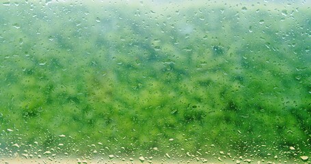 Close up of water drops on window glass in rainy season, Defocused Rain falling on greenery nature background