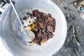 Pot full of moronga or blood sausage, a typical food from Nicaragua, Central America and Latin...