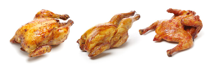 Whole roasted chicken against white background
