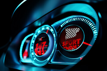 3D illustration of new car interior details. The speedometer shows the maximum speed of 147 km h,...