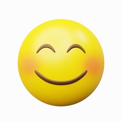 3d rendering image blushing smiling yellow emoticon, isolated with white background