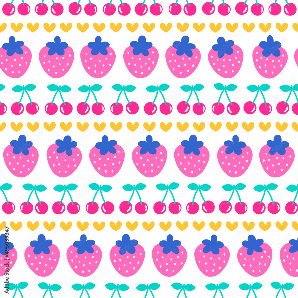 Wall mural Colorful cute strawberry, cherry and heart seamless pattern background.