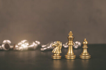 Close-up knight standing with king chess and bishop teamwork concepts volunteer or challenge of business team or wining and leadership strategy and organization risk management or team player.