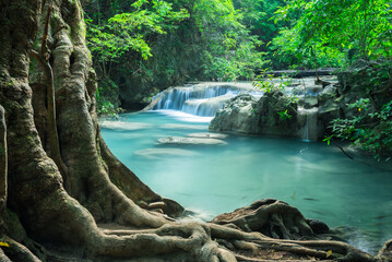 Beautiful Erawan tropical waterfall in Kanchanaburi province, Thailand. Travel green nature...