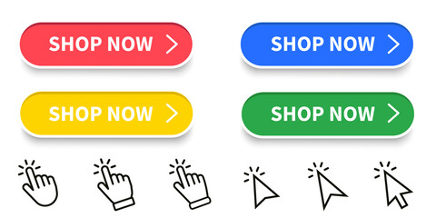 Shop now button with hand cursor set. Button hand pointer clicking. Shop now. Online shopping. Vector design - obrazy, fototapety, plakaty