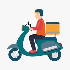 Fototapeta na wymiar A delivery man riding a bike vector. Delivery man with a scooter vector design. Online order delivery concept. Food or shopping delivery service concept flat design. Flat character illustration.