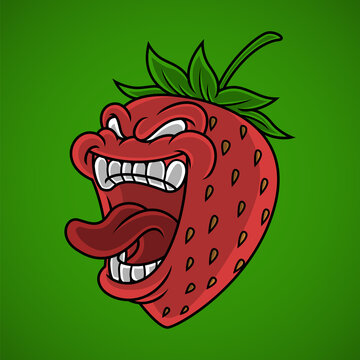 Cartoon character of fierce faced strawberry fruit