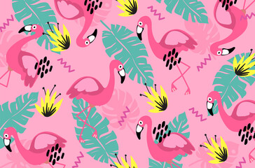 Naklejka premium summer pink pattern background flower yellow flamingo