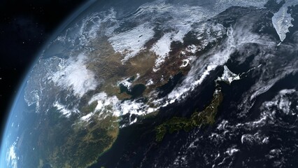 宇宙から見た日本を中心にした地球の3Dイラスト