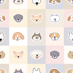 Fotobehang Seamless Pattern with Cartoon Dog Face and Pastel Square Design  © Supannee