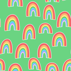 Trendy seamless pattern with colorful rainbow on color background. Design for invitation, poster, card, fabric, textile, fabric. Cute holiday illustration for baby. Scandinavian doodle style