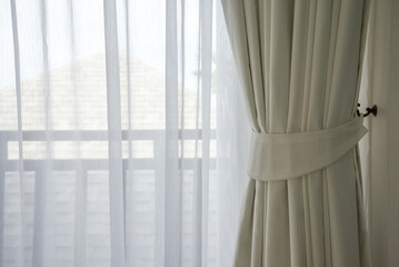 Beautiful curtain with sunlight background. Home decoration concept.