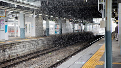 Heavy snow on train station platform in Nagano