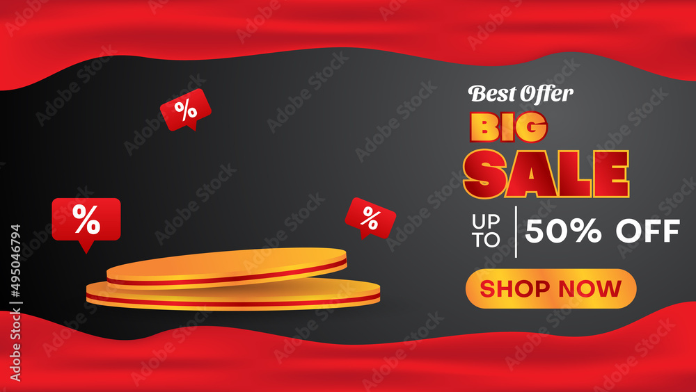 Wall mural realistic big sale banner design template with red ribbon. business vector illustration