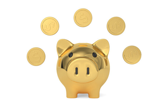 Piggy bank with coin. Money saving, economy, investment, banking or business services concept., 3D rendering. 3D illustration.