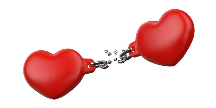 Two hearts with chain isolated on white background. 3D illustration.