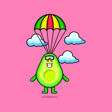 Cute mascot cartoon Avocado is skydiving with parachute and happy gesture cute modern style design